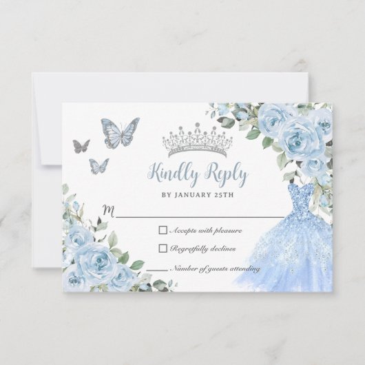 ベビーブルーフローラプリンセスドレスシルバーキンセアニラ 出欠カード (正面)