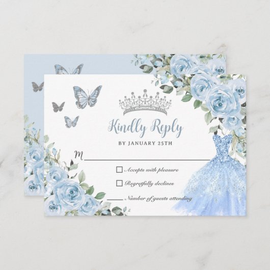 ベビーブルーフローラプリンセスドレスシルバーキンセアニラ 出欠カード (正面/裏面)