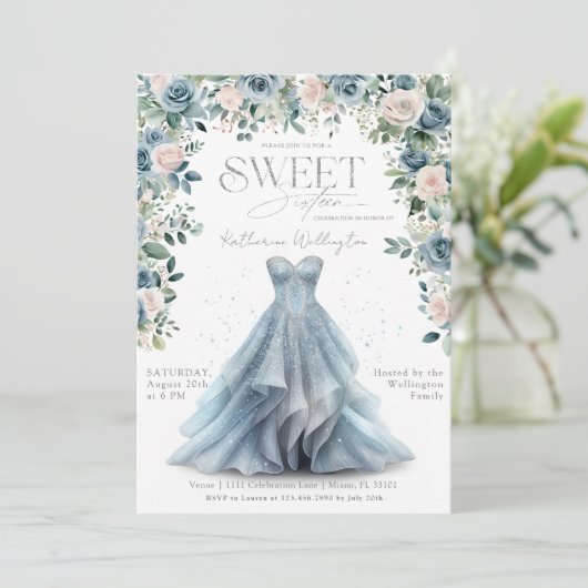 ベビーブルーフローラプリンセスドレススウィート16 16 招待状 (スタンド正面)