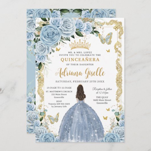 ベビーブルーフローラプリンセスドレス金ゴールドキンセアニェラ 招待状 (正面/裏面)