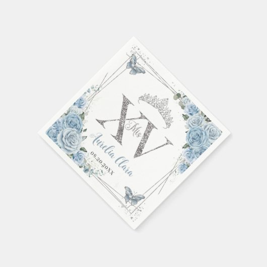 ベビーブルーフローラ蝶シルバーキンセニェラXV スタンダードカクテルナプキン (角)