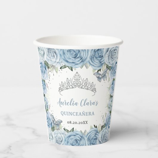 ベビーブルーフローラ蝶ティアラQUINCEAENERA 紙コップ (正面)