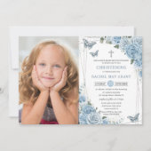 ベビーブルーフローラ蝶《キリスト教》洗礼式や命名式バプテスマ 招待状 (正面)