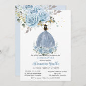 ベビーブルーフローラ金ゴールドキンセアニラプリンセスドレス 招待状 (正面/裏面)