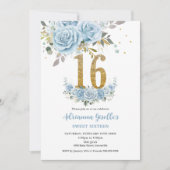 ベビーブルーフローラ金ゴールドスウィート16誕生日 招待状 (正面)
