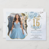 ベビーブルーフローラ金ゴールドSweet sixteen誕生日写真 招待状 (正面)