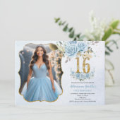 ベビーブルーフローラ金ゴールドSweet sixteen誕生日写真 招待状 (スタンド正面)