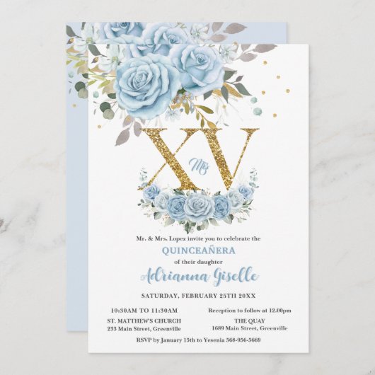 ベビーブルーフローラ金ゴールドXVキンセアニラカンス15 招待状 (正面/裏面)