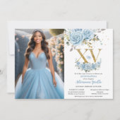 ベビーブルーフローラ金ゴールドXVキンセアニラQuince写真 招待状 (正面)