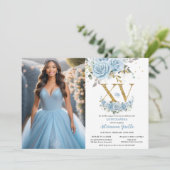 ベビーブルーフローラ金ゴールドXVキンセアニラQuince写真 招待状 (スタンド正面)