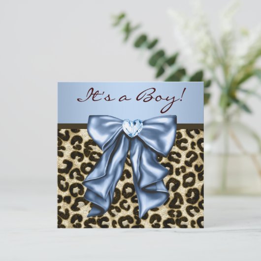 ベビーブルーブラウンヒョウ男の赤ちゃんシャワー 招待状 (スタンド正面)