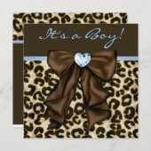 ベビーブルーブラウンヒョウ男の赤ちゃんシャワー 招待状 (正面/裏面)