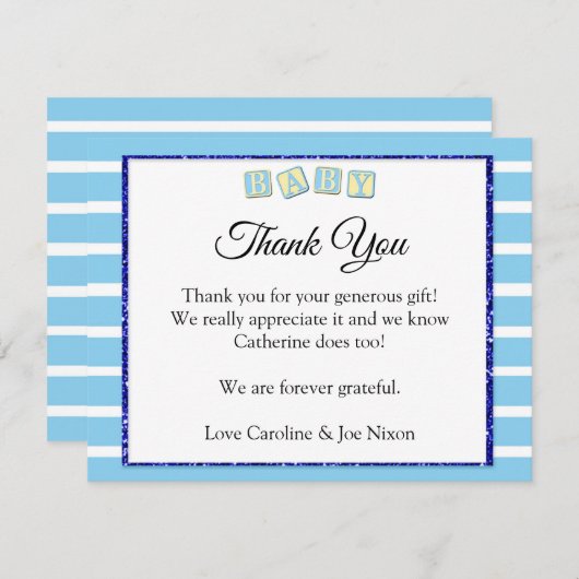 ベビーブルーベビーシャワーサンキューカード 招待状 (正面/裏面)