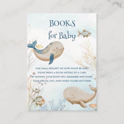 ベビーブルーベージュホエールベビーシャワー用の本 エンクロージャーカード (正面)