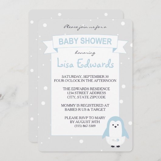 ベビーブルーペンギンベビーシャワー招待状 招待状 (正面/裏面)