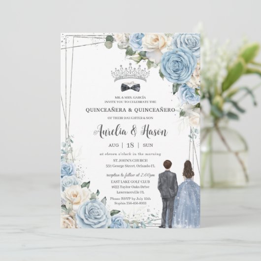 ベビーブルーホワイトフローラツインズボーイガールキンセアニラ 招待状 (スタンド正面)