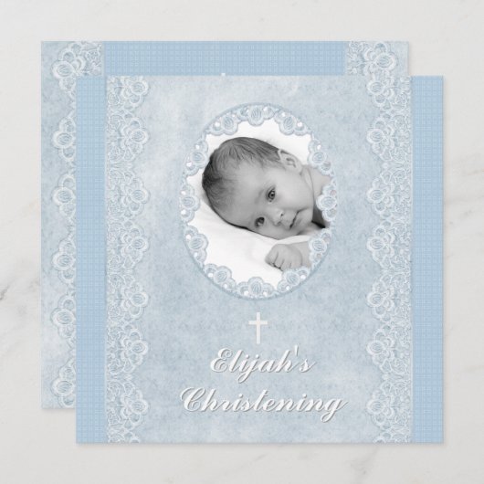 ベビーブルーホワイトボーイフォトバプテスマ《キリスト教》洗礼式や命名式 招待状 (正面/裏面)
