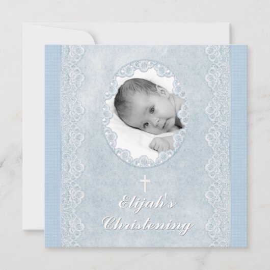 ベビーブルーホワイトボーイフォトバプテスマ《キリスト教》洗礼式や命名式 招待状 (正面)