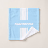 ベビーブルーホワイトレーシングストライプズモノグラムキッズボーイズ バスタオルセット (ウォッシュタオル)