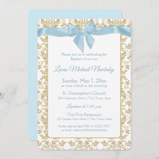 ベビーブルーボウと金ゴールドダマスバプテスマ 招待状 (正面/裏面)