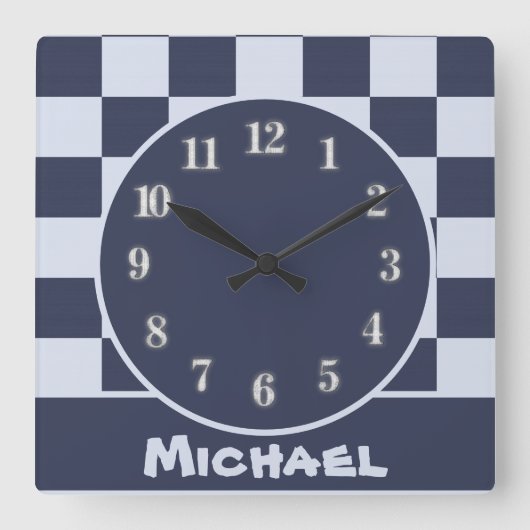 ベビーブルーボーイジオメトリックスクエアパターンキルトベビー スクエア壁時計 (正面)