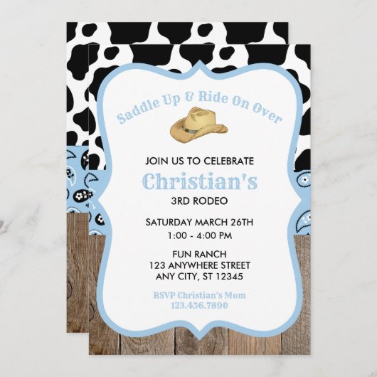 ベビーブルーロデオワイルドウエストカウボーイ誕生日 招待状 (正面/裏面)