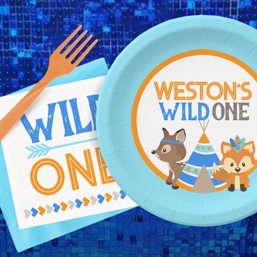 ベビーブルーワイルドワンウッドランドバースデーパーティープレート ペーパープレート