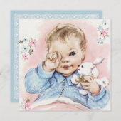 ベビーブルーヴィンテージ男の赤ちゃんシャワー招待状 招待状 (正面/裏面)