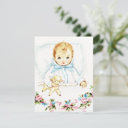 ベビーブルーヴィンテージ男の赤ちゃんシャワー 招待状 (スタンド正面)