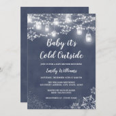 ベビーブルー冬の赤ちゃんシャワー外は寒い 招待状 (正面/裏面)