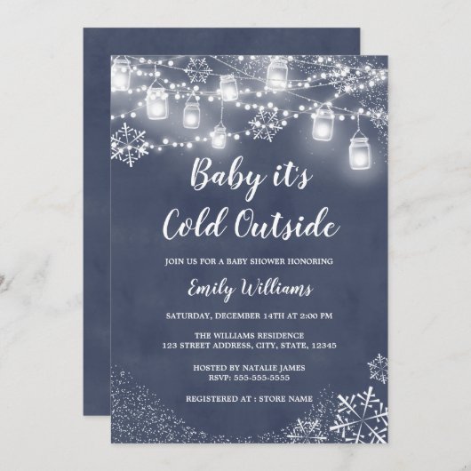ベビーブルー冬の赤ちゃんシャワー外は寒い 招待状 (正面/裏面)