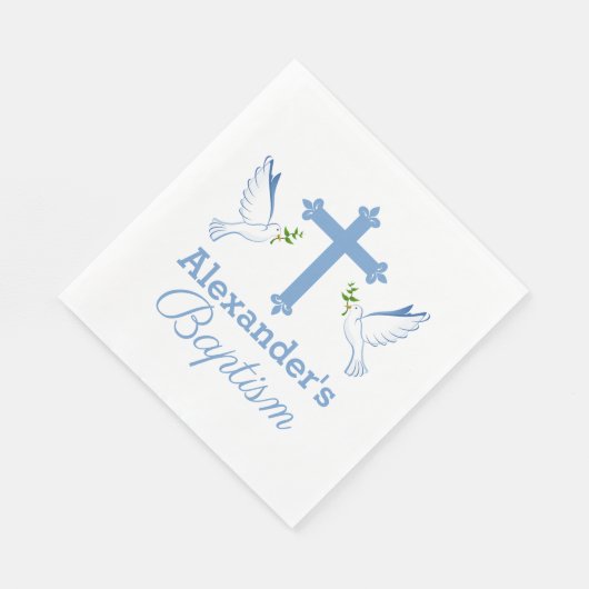 ベビーブルー名前をカスタムするクロスアンドハトとのバプテスマ スタンダードランチョンナプキン (角)