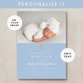 ベビーブルー宗教交叉ボーイフォトバプテスマ 招待状