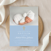 ベビーブルー宗教交叉ボーイフォトバプテスマ 招待状
