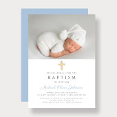 ベビーブルー宗教交叉ボーイフォトバプテスマ 招待状