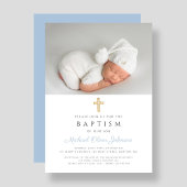 ベビーブルー宗教交叉ボーイフォトバプテスマ 招待状