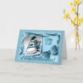 ベビーブルー水玉模様新父母おめでとう カード (黄色い花)