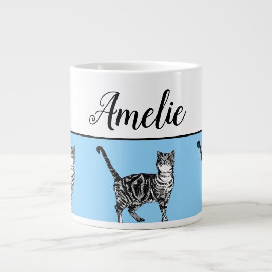 ベビーブルー白いタビーキャッツお洒落アートマグ ジャンボコーヒーマグカップ (正面)