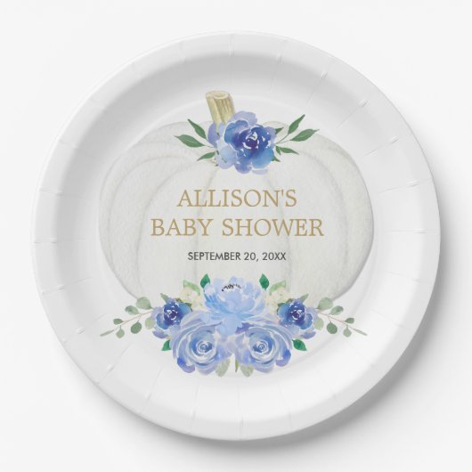 ベビーブルー白フローラ緑の白カボチャ ペーパープレート (正面)