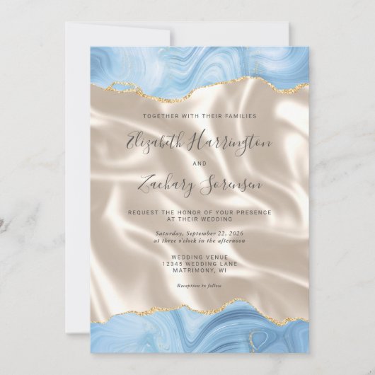 ベビーブルー金ゴールドアゲートアイボリーシルク結婚ス 招待状 (正面)