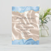 ベビーブルー金ゴールドアゲートアイボリーシルク結婚ス 招待状 (スタンド正面)