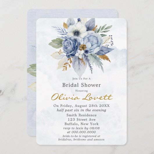 ベビーブルー金ゴールドウォーターカラーピーニーシックブライダルシャワー 招待状 (正面/裏面)