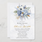 ベビーブルー金ゴールドウォーターカラーピーニーシックブライダルシャワー 招待状 (正面)