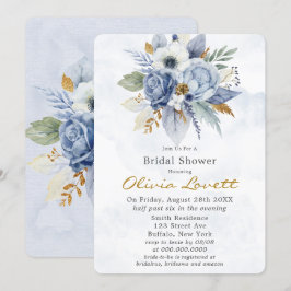 ベビーブルー金ゴールドウォーターカラーピーニーシックブライダルシャワー 招待状