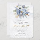 ベビーブルー金ゴールドウォーターカラーピーニーシックブライダルシャワー 招待状 (正面)