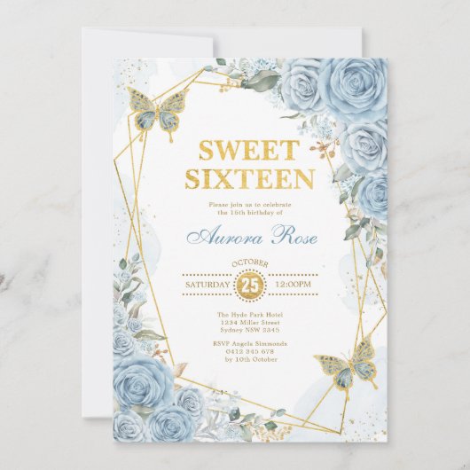 ベビーブルー金ゴールドスウィート16バタフライジオメトリックフレーム 招待状 (正面)