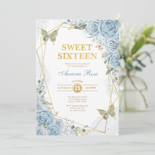 ベビーブルー金ゴールドスウィート16バタフライジオメトリックフレーム 招待状 (スタンド正面)