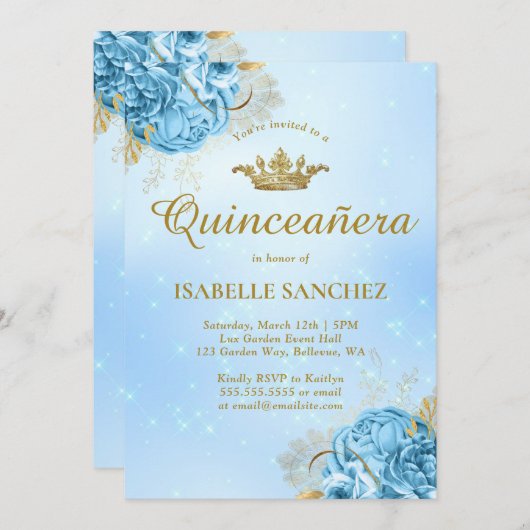 ベビーブルー金ゴールドフローラティアラキンセアニェラ 招待状 (正面/裏面)