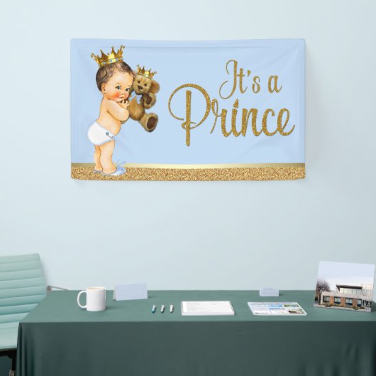 ベビーブルー金ゴールドプリンステディベア赤ちゃんシャワー 横断幕 (トレードショー)