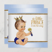 ベビーブルー金ゴールドプリンスベビーシャワー 招待状 (正面/裏面)